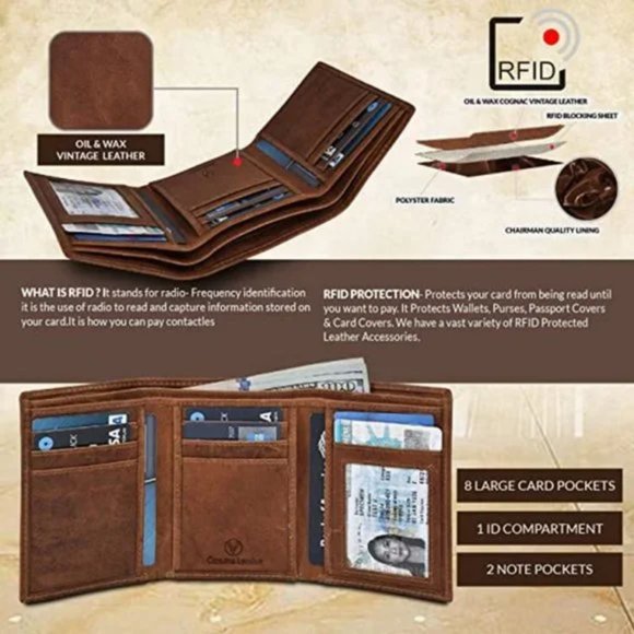 New Leather RFID Blocking Slim Trifold Wallet for Men, Vintage Cognac - Picture 3 of 7